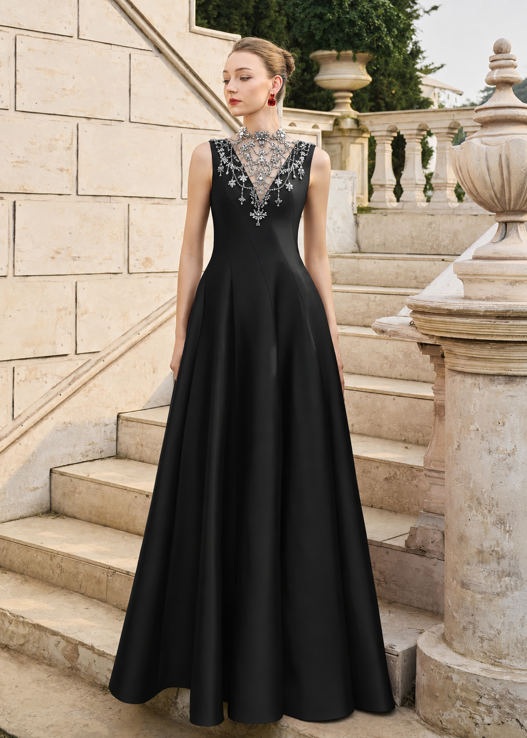 See-Through Neck Crystal-Embellished Draped Dress - TRACY COUTURE