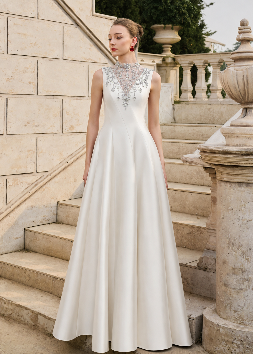See-Through Neck Crystal-Embellished Draped Dress - TRACY COUTURE