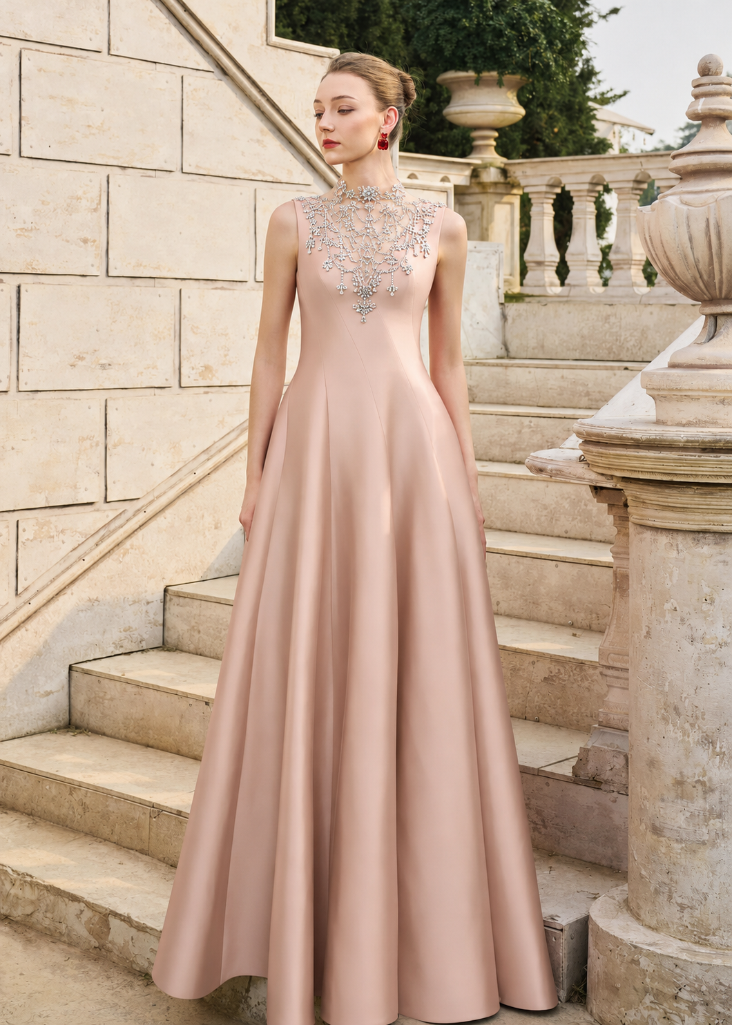 See-Through Neck Crystal-Embellished Draped Dress - TRACY COUTURE