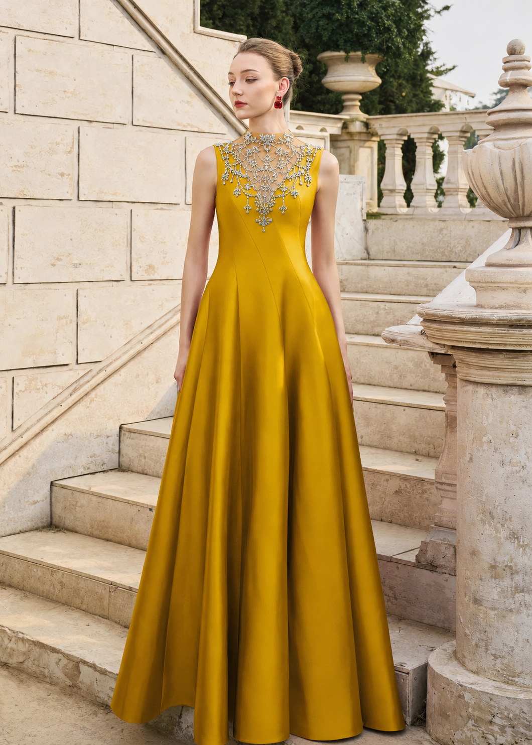See-Through Neck Crystal-Embellished Draped Dress - TRACY COUTURE