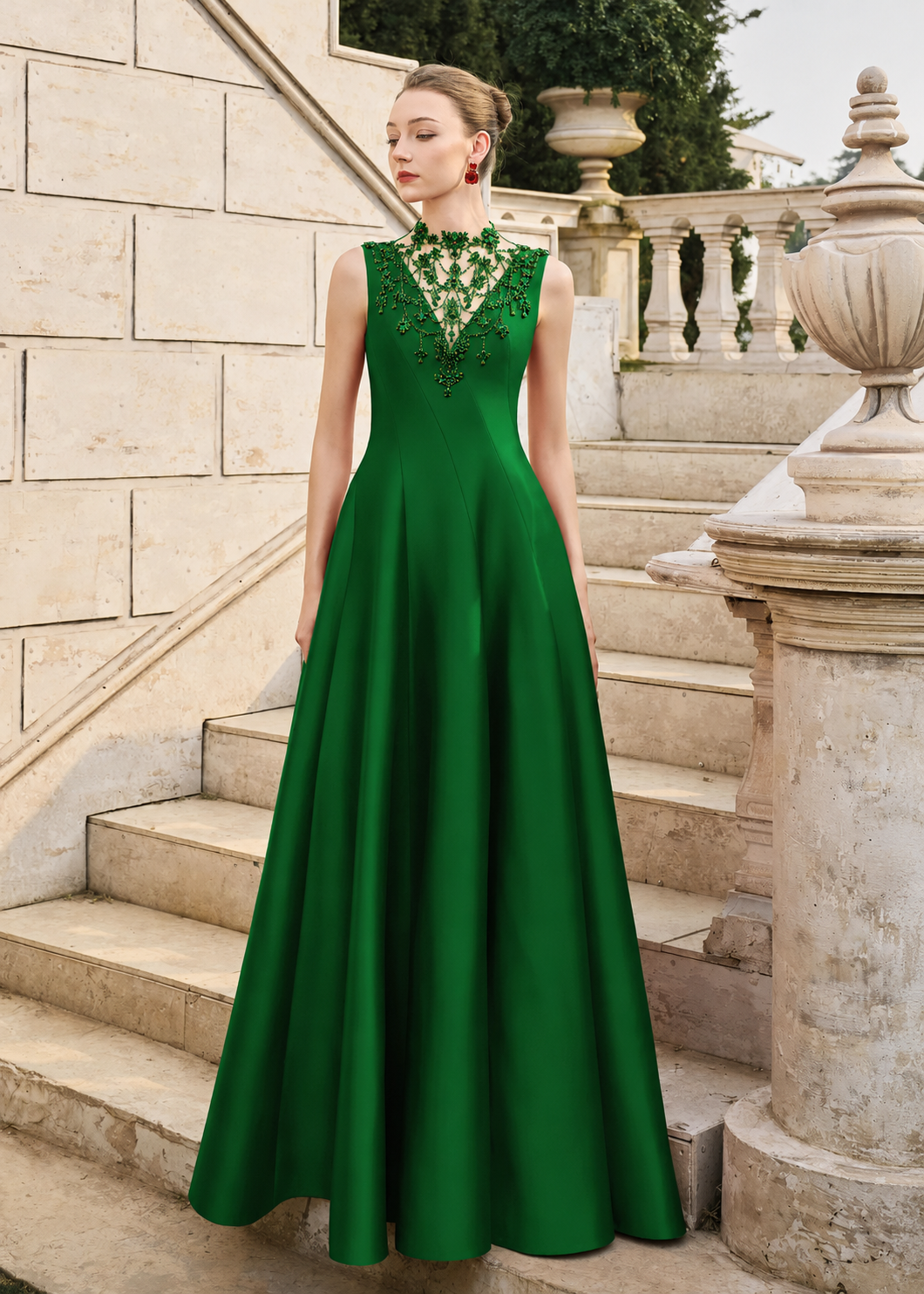 See-Through Neck Crystal-Embellished Draped Dress - TRACY COUTURE