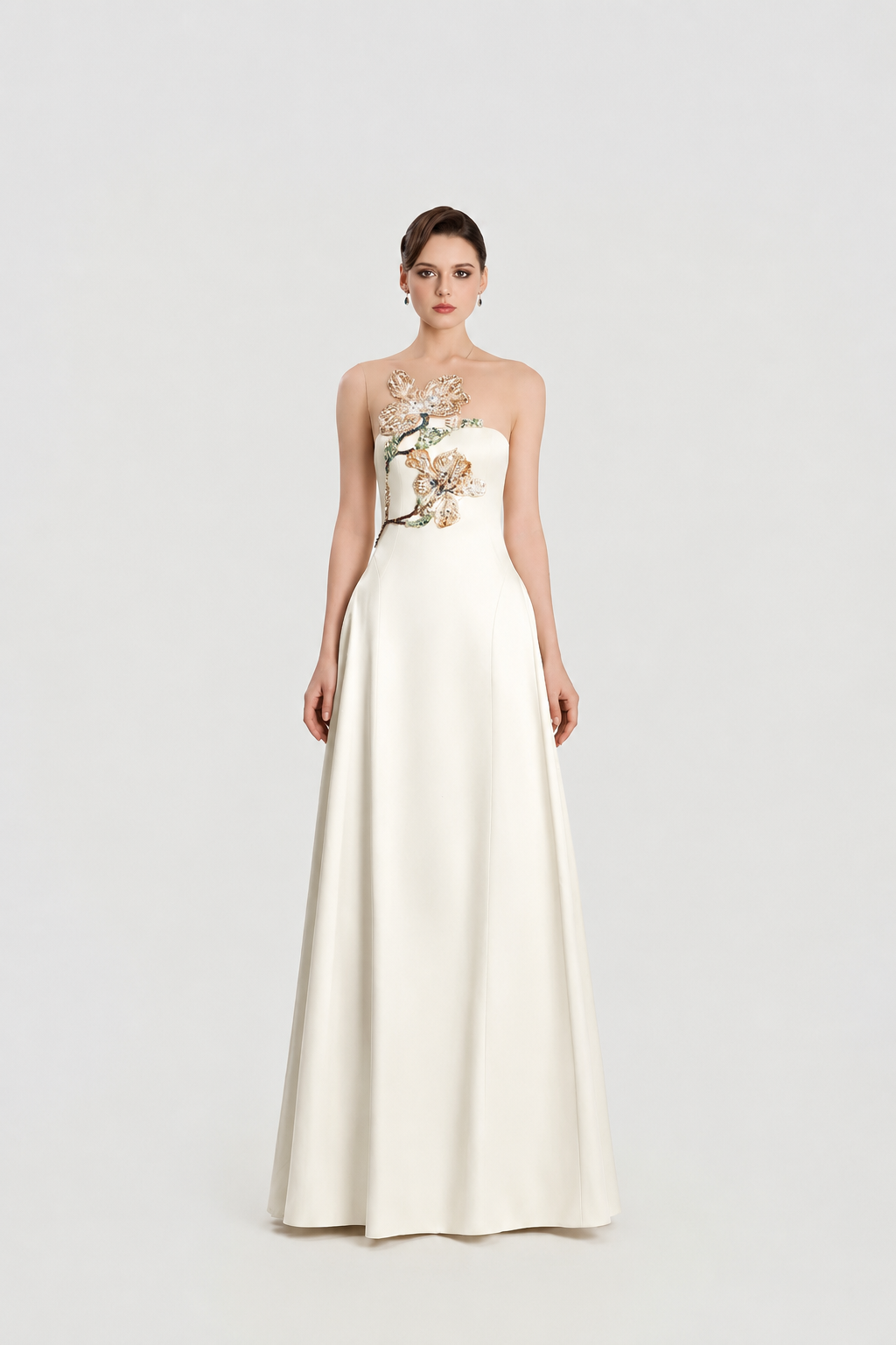 Crystal Floral Embellished Sleeveless A-Line Dress - TRACY COUTURE