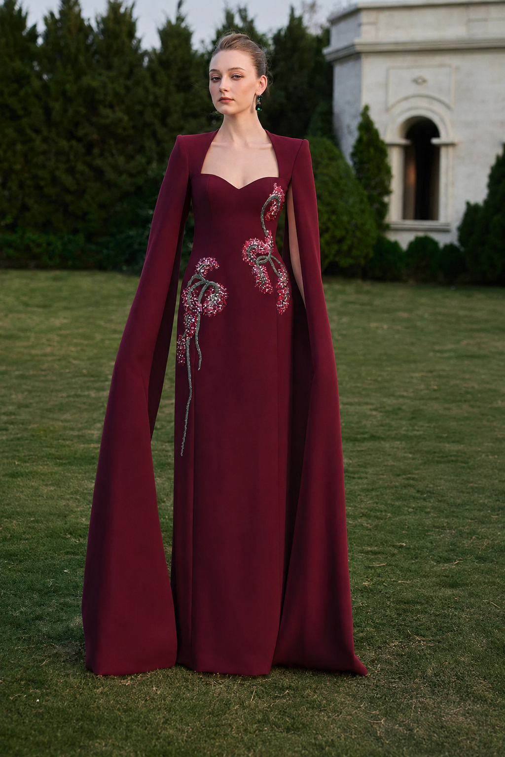 Long Cape Sleeve Symmetric 3D Embellished Straight Dress