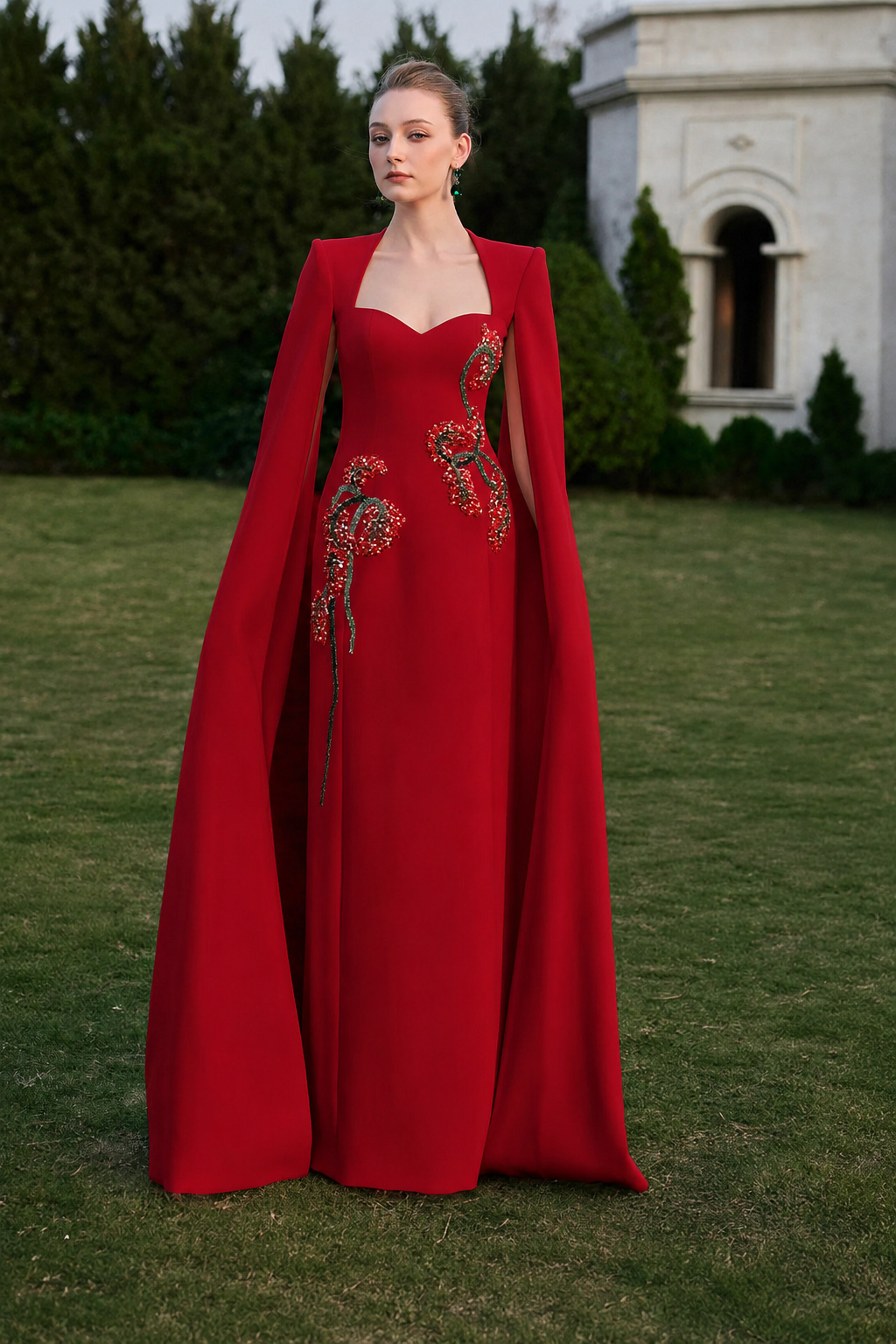 Long Cape Sleeve Symmetric 3D Embellished Straight Dress