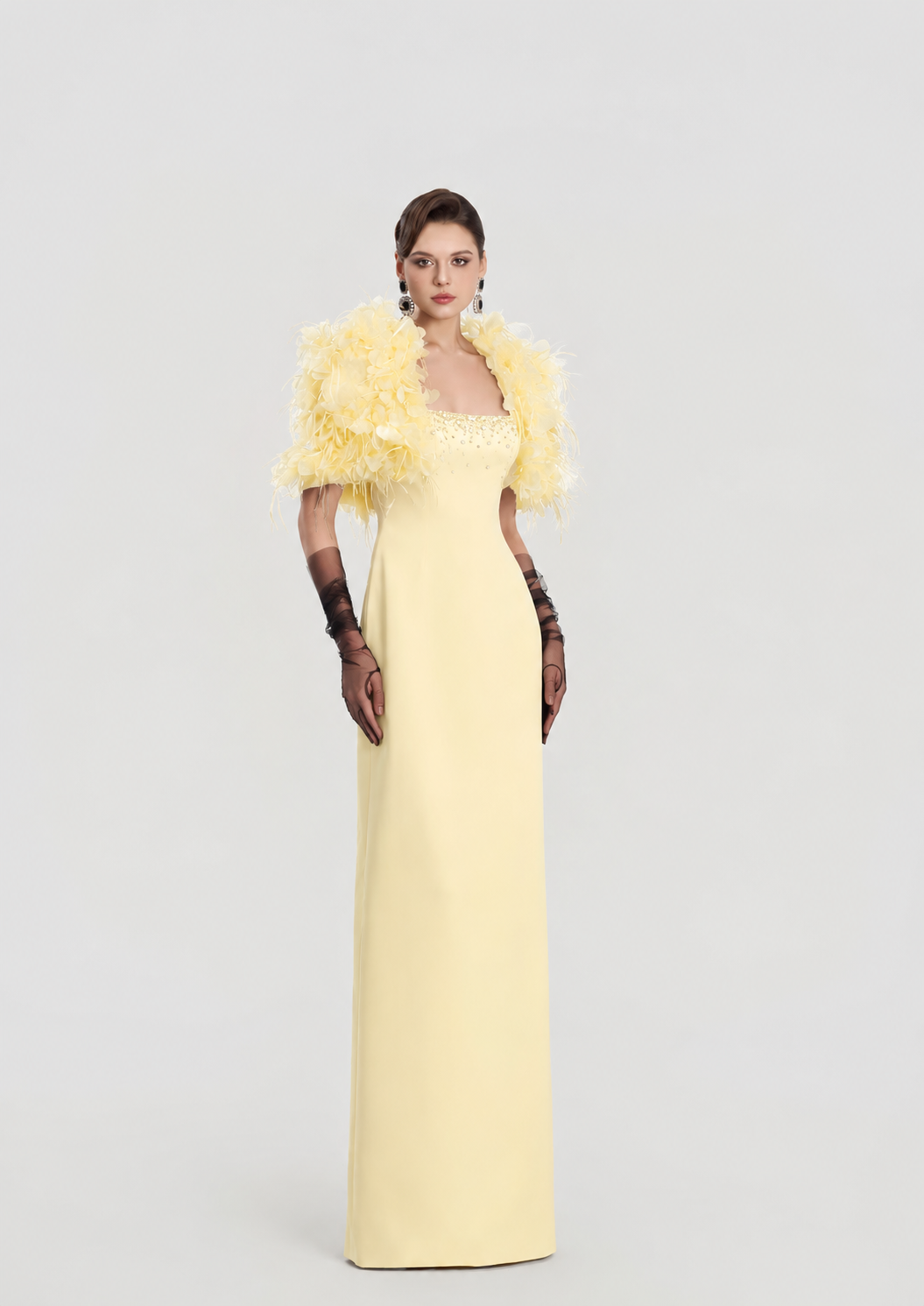 3D Floral Feather Cropped Cape With Straight Dress Set - TRACY COUTURE