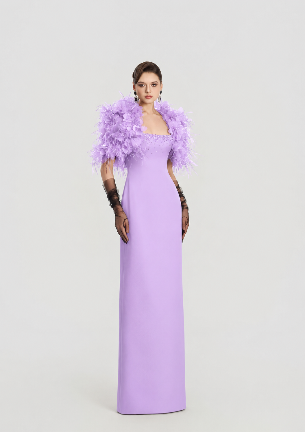 3D Floral Feather Cropped Cape With Straight Dress Set - TRACY COUTURE