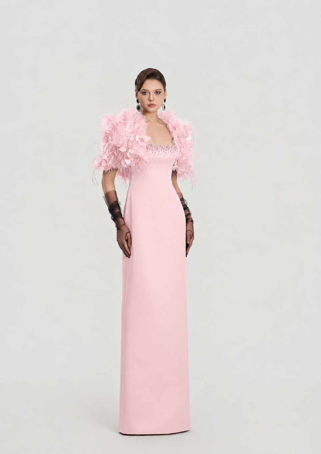 3D Floral Feather Cropped Cape With Straight Dress Set - TRACY COUTURE