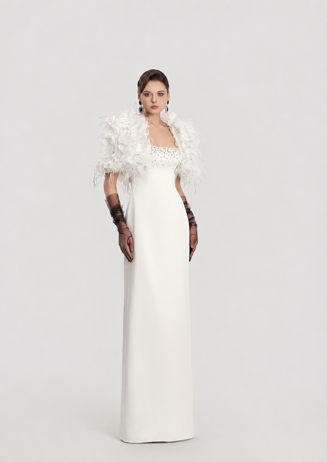 3D Floral Feather Cropped Cape With Straight Dress Set - TRACY COUTURE