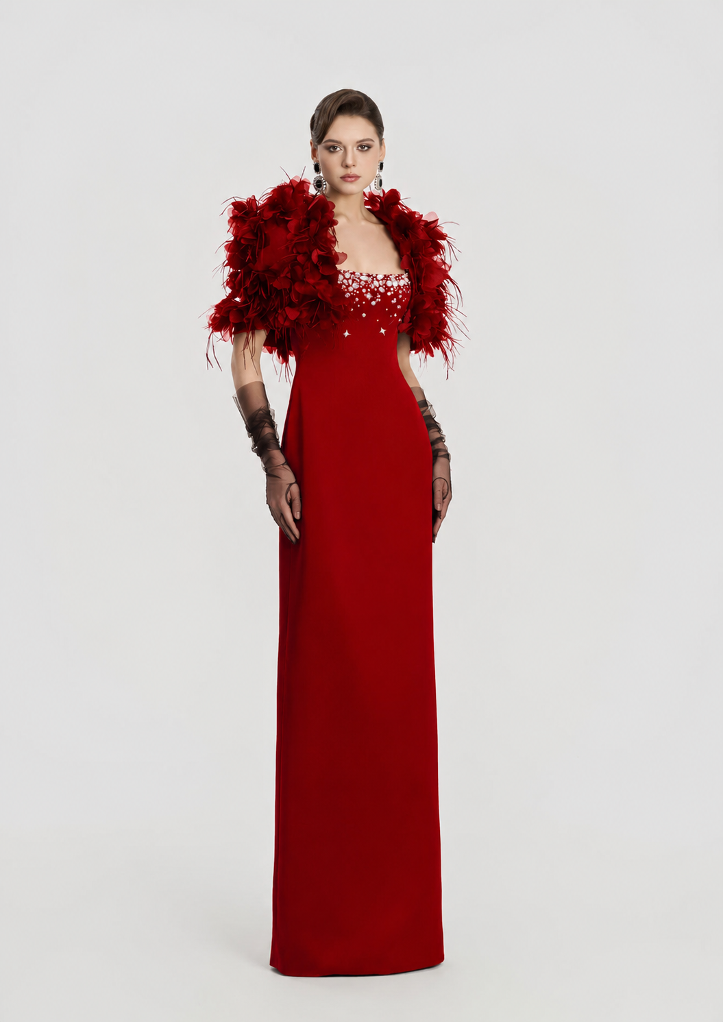3D Floral Feather Cropped Cape With Straight Dress Set - TRACY COUTURE
