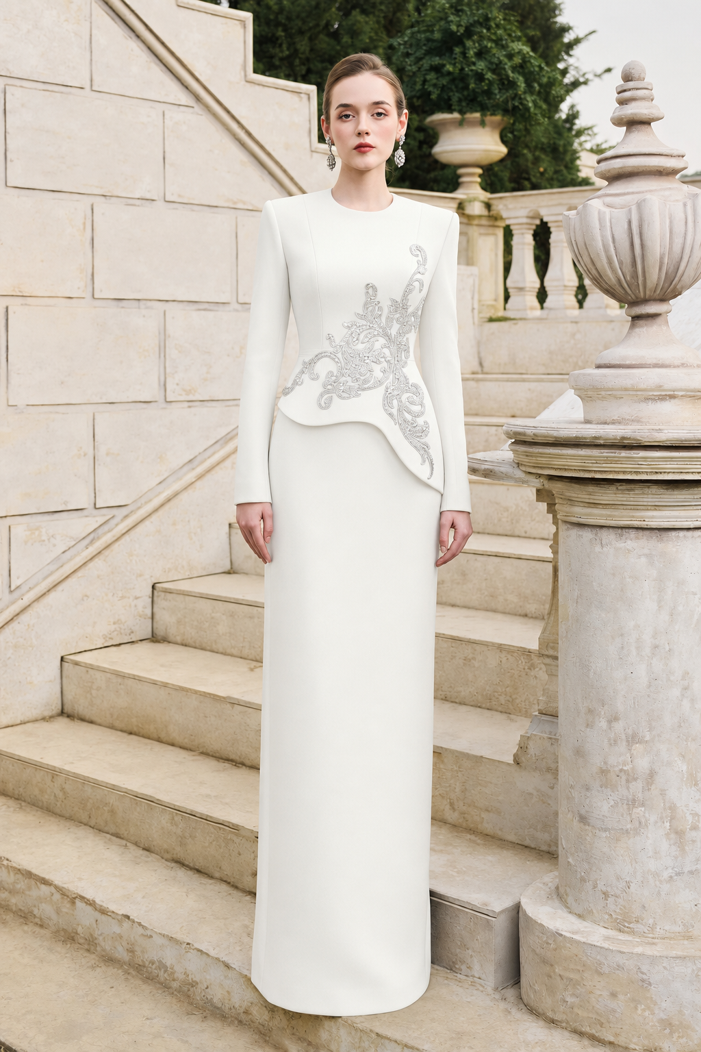Side Crystal-Embellished Floor Length Dress - TRACY COUTURE