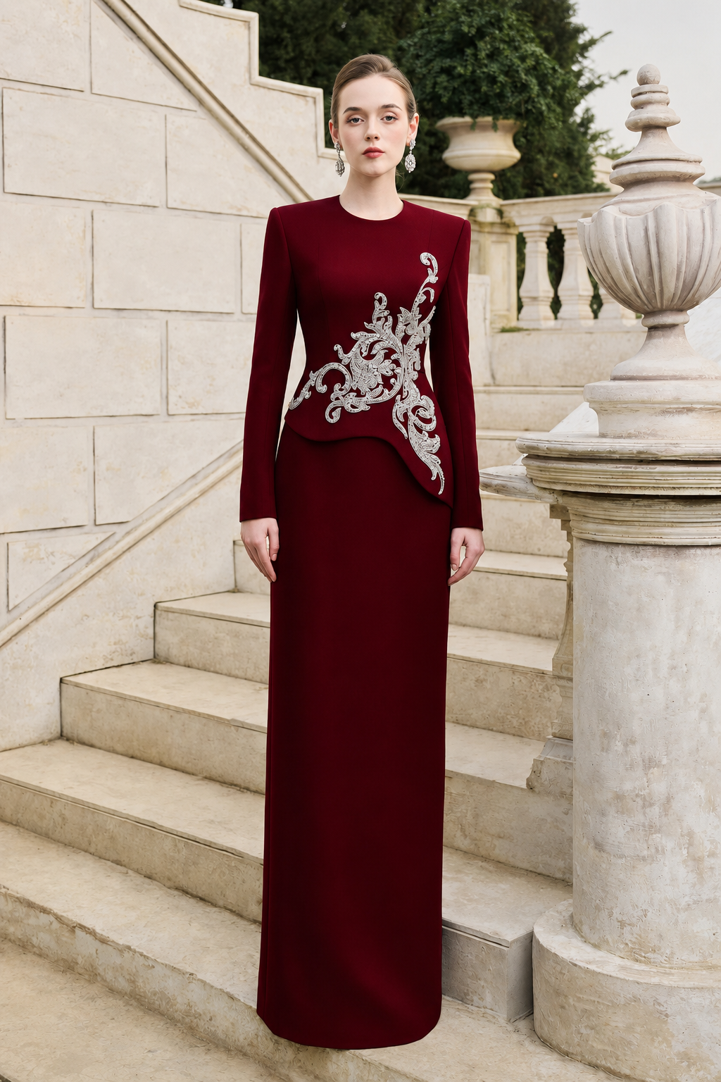Side Crystal-Embellished Floor Length Dress - TRACY COUTURE