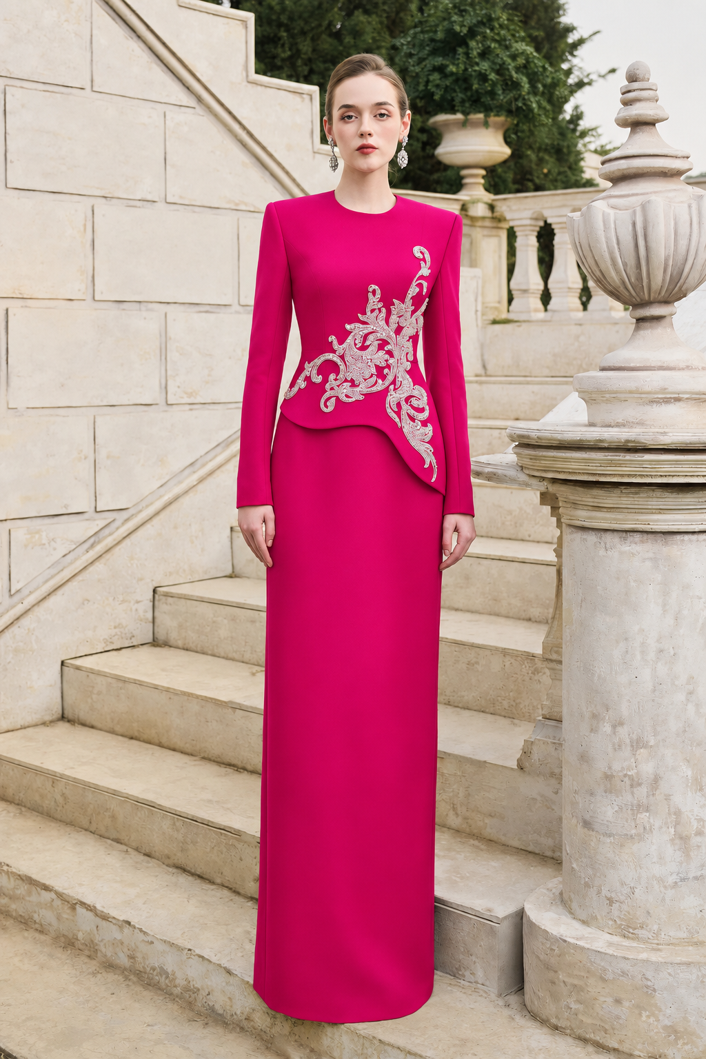 Side Crystal-Embellished Floor Length Dress - TRACY COUTURE