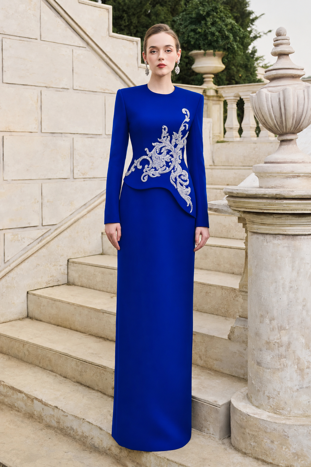 Side Crystal-Embellished Floor Length Dress - TRACY COUTURE