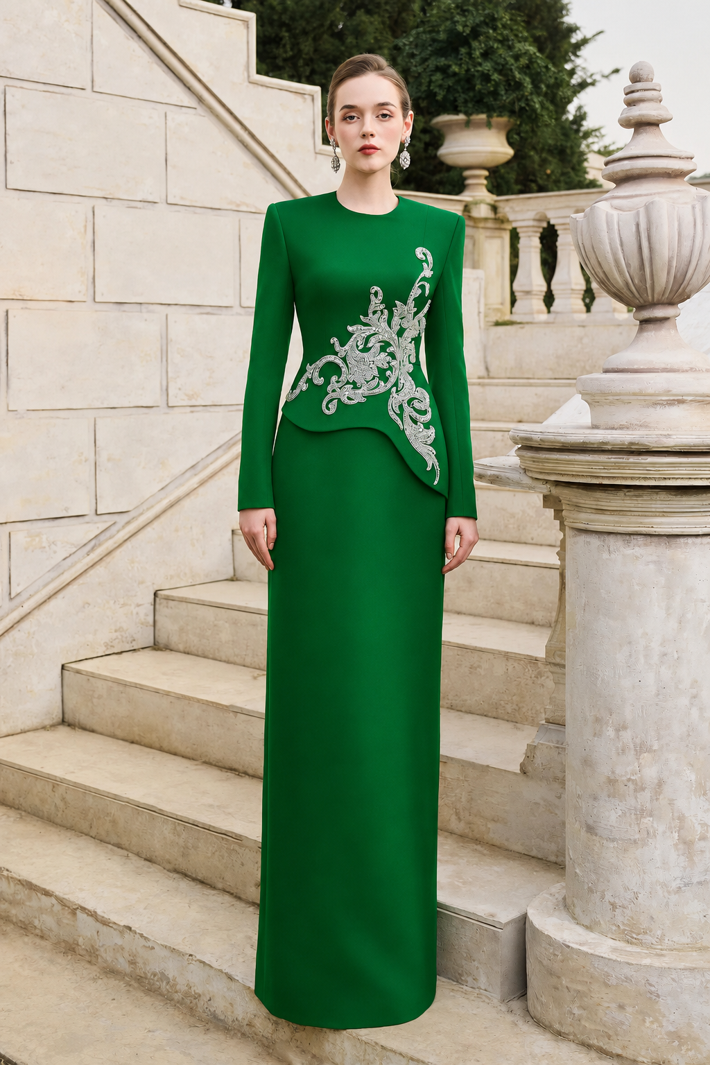 Side Crystal-Embellished Floor Length Dress - TRACY COUTURE