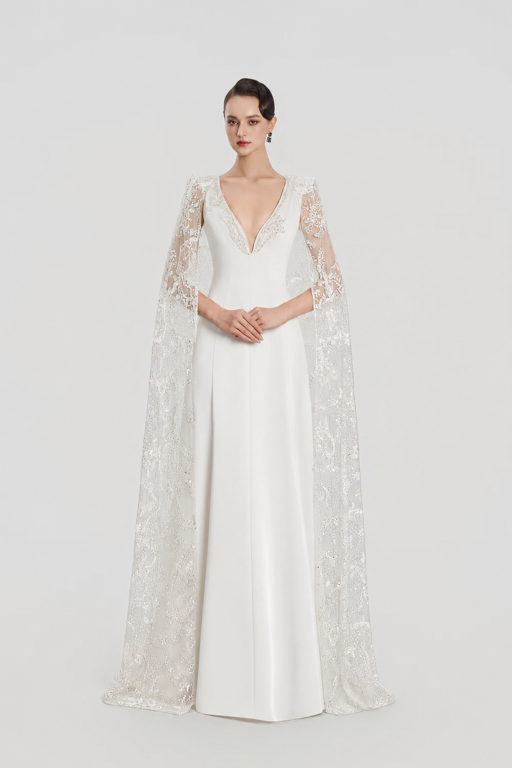 Deep V- Neck Long See-Through Cape Dress - TRACY COUTURE
