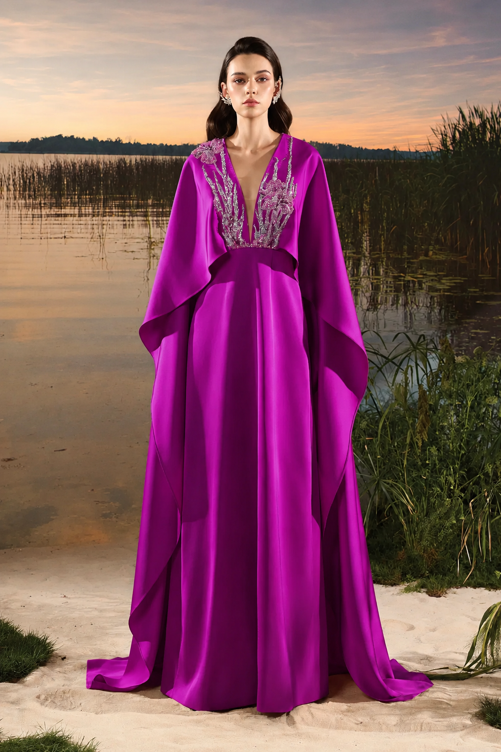 Double Embellished Wavy Flap A-Line Dress - TRACY COUTURE