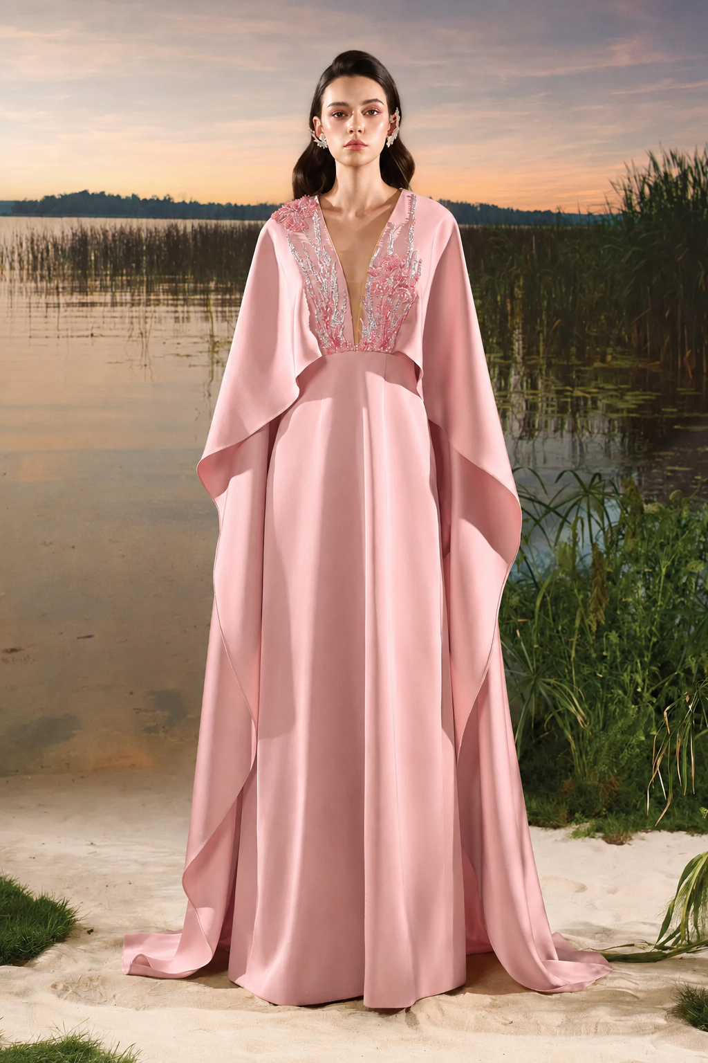 Double Embellished Wavy Flap A-Line Dress - TRACY COUTURE