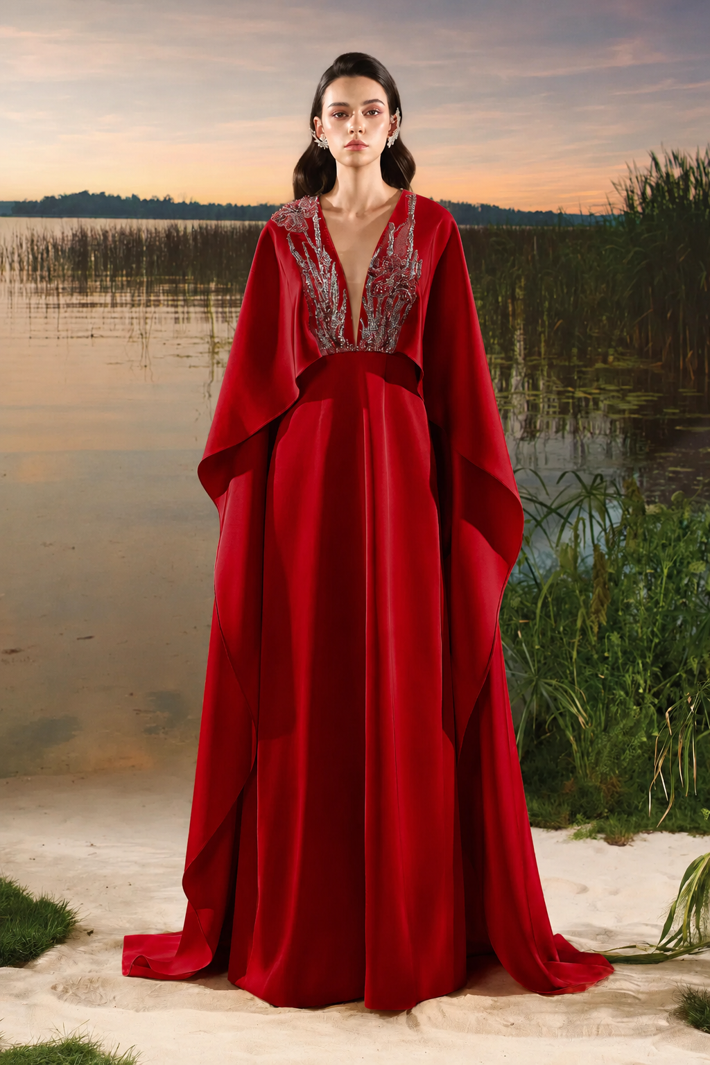 Double Embellished Wavy Flap A-Line Dress - TRACY COUTURE