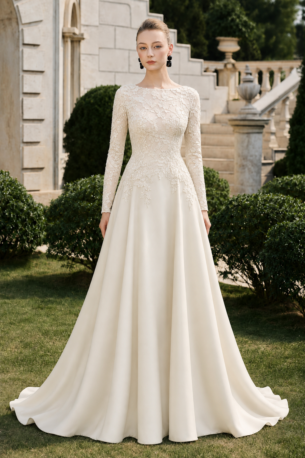 Boat Neck Floral Lace Flared A-line Dress - TRACY COUTURE