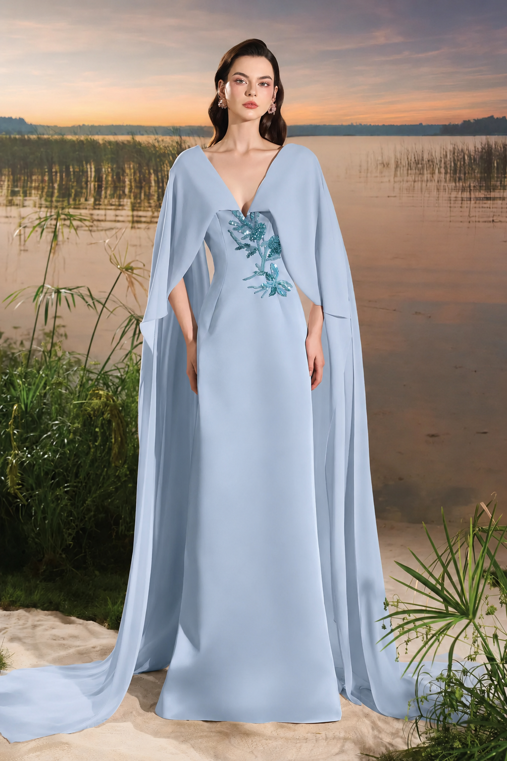 Wide V-Neck Floral Embellished Flowing Flap Dress - TRACY COUTURE