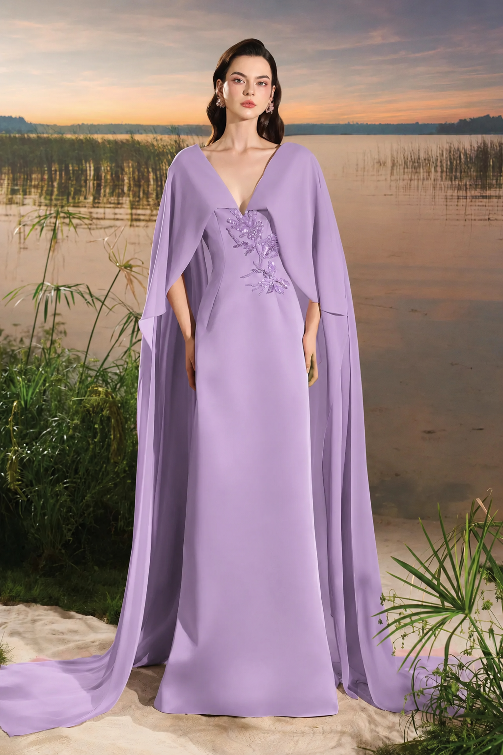 Wide V-Neck Floral Embellished Flowing Flap Dress - TRACY COUTURE