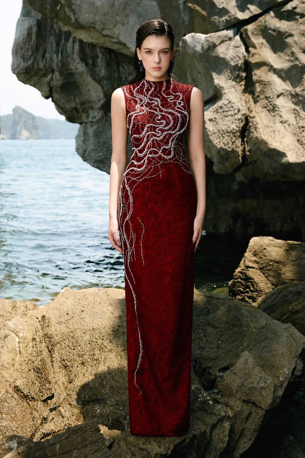 High Neck Crystal Embellished Straight Dress - TRACY COUTURE