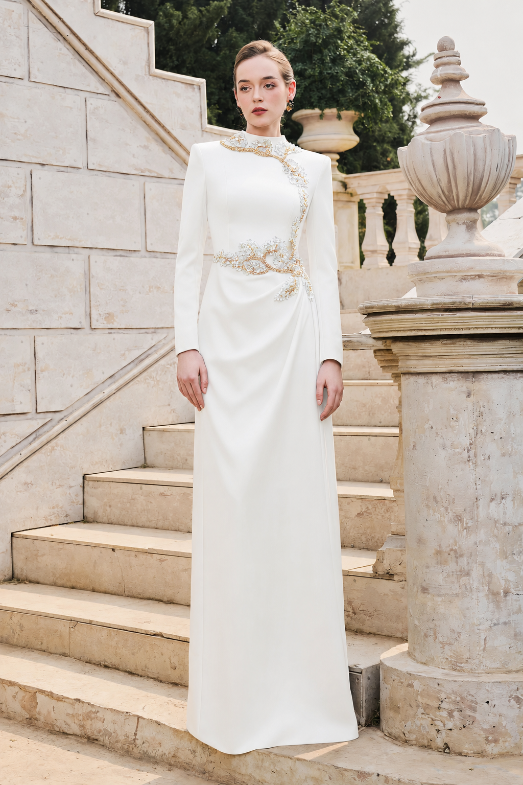 High Neck Long Sleeve Floral Dress - TRACY COUTURE