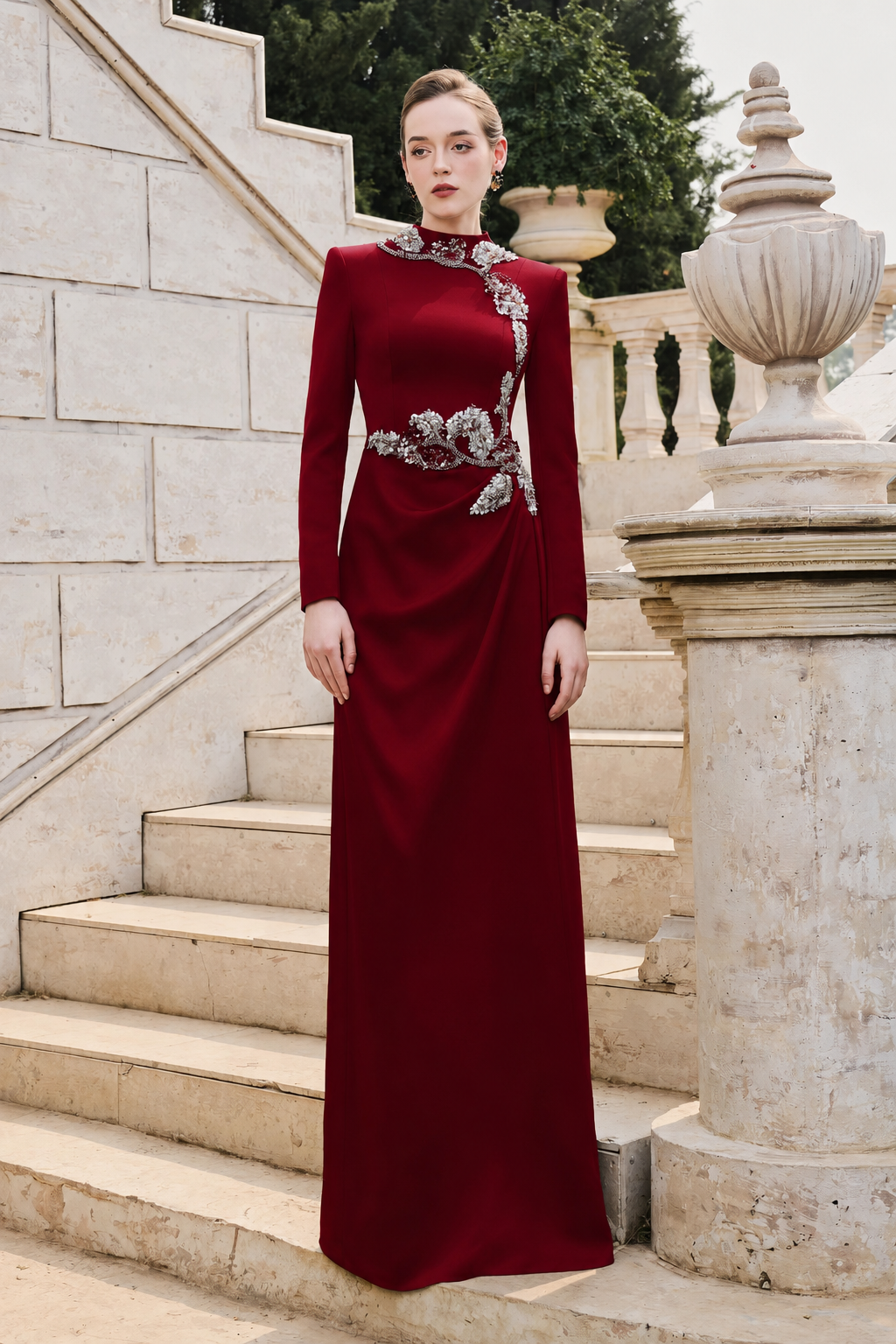 High Neck Long Sleeve Floral Dress - TRACY COUTURE