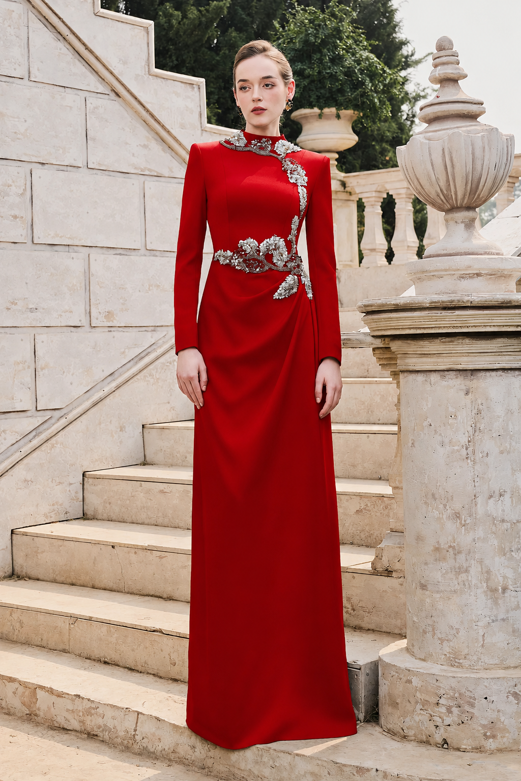 High Neck Long Sleeve Floral Dress - TRACY COUTURE