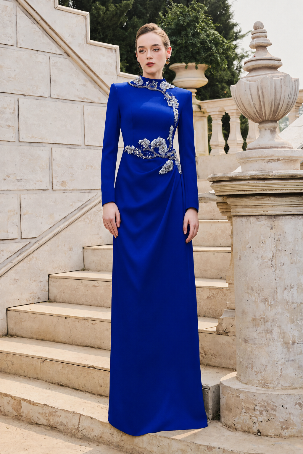 High Neck Long Sleeve Floral Dress - TRACY COUTURE