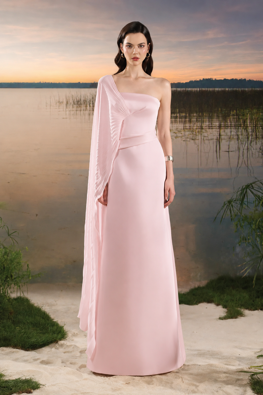 Asymmetric Pleated Cape Sleeve Dress - TRACY COUTURE