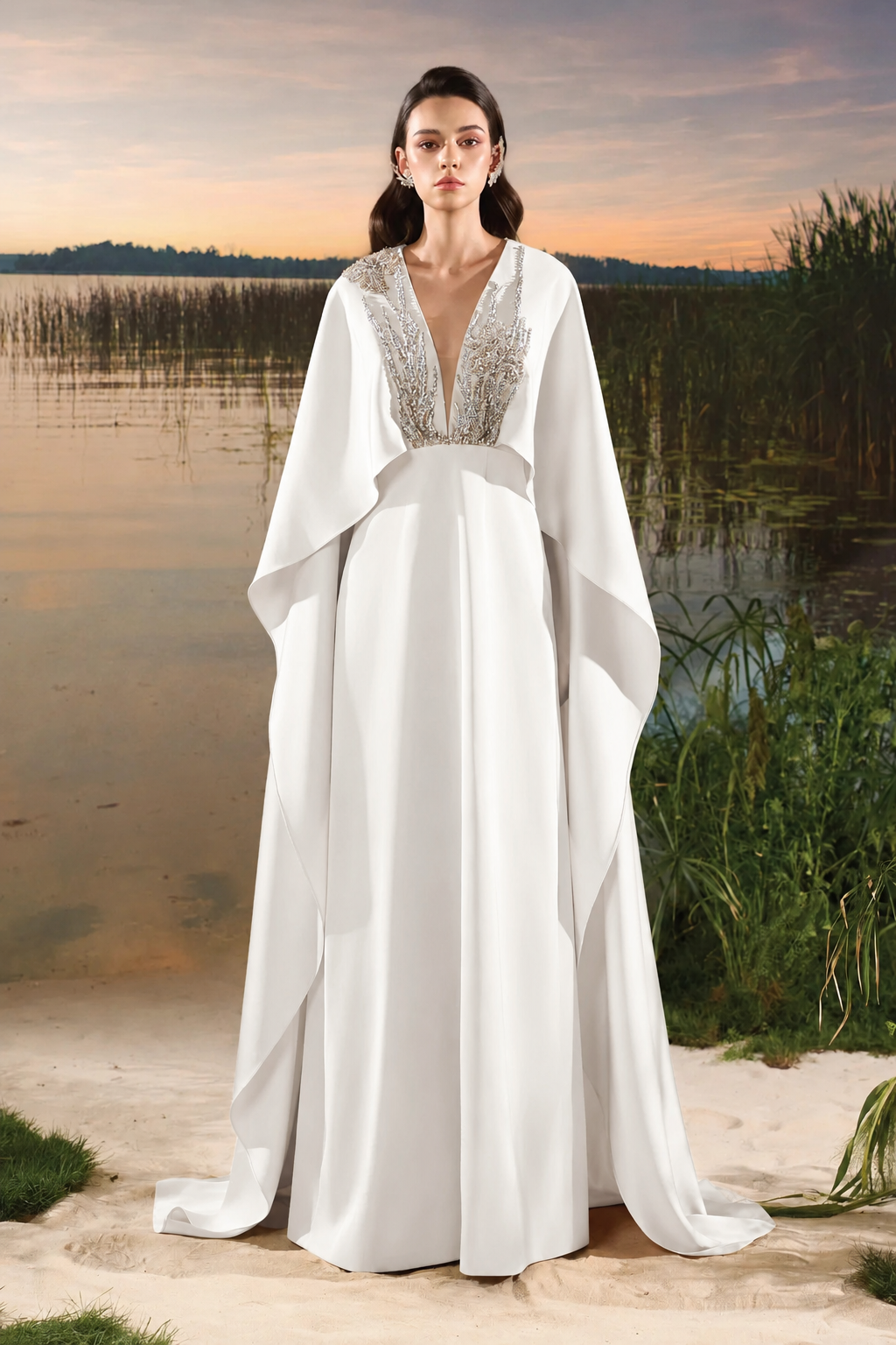 Double Embellished Wavy Flap A-Line Dress - TRACY COUTURE