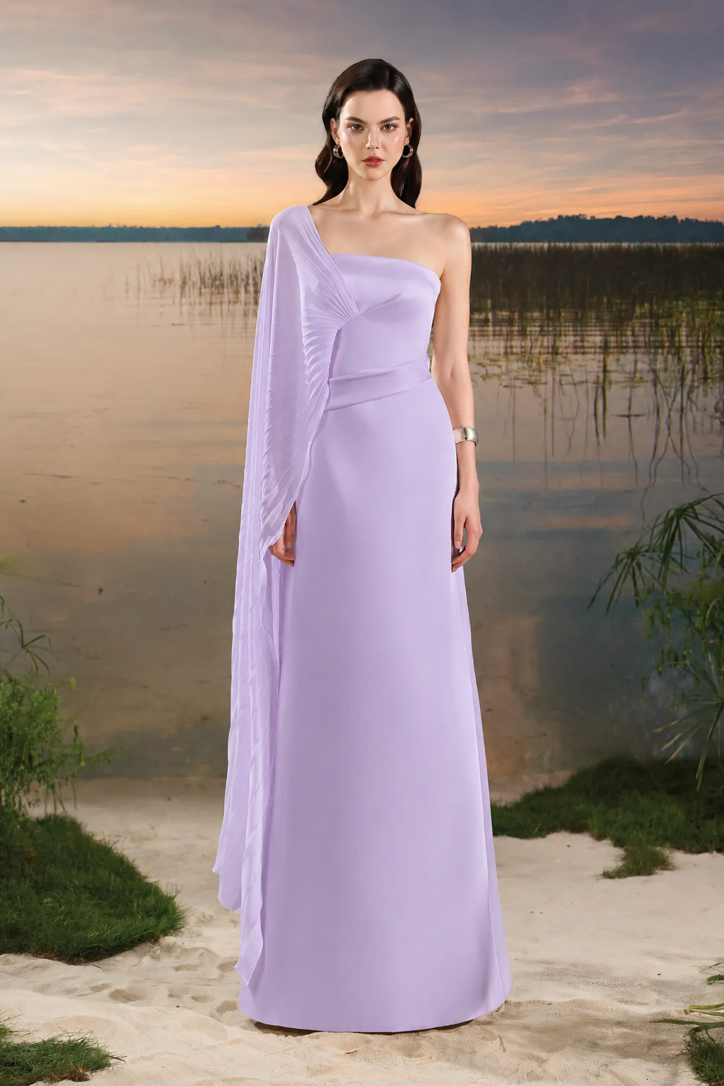 Asymmetric Pleated Cape Sleeve Dress - TRACY COUTURE