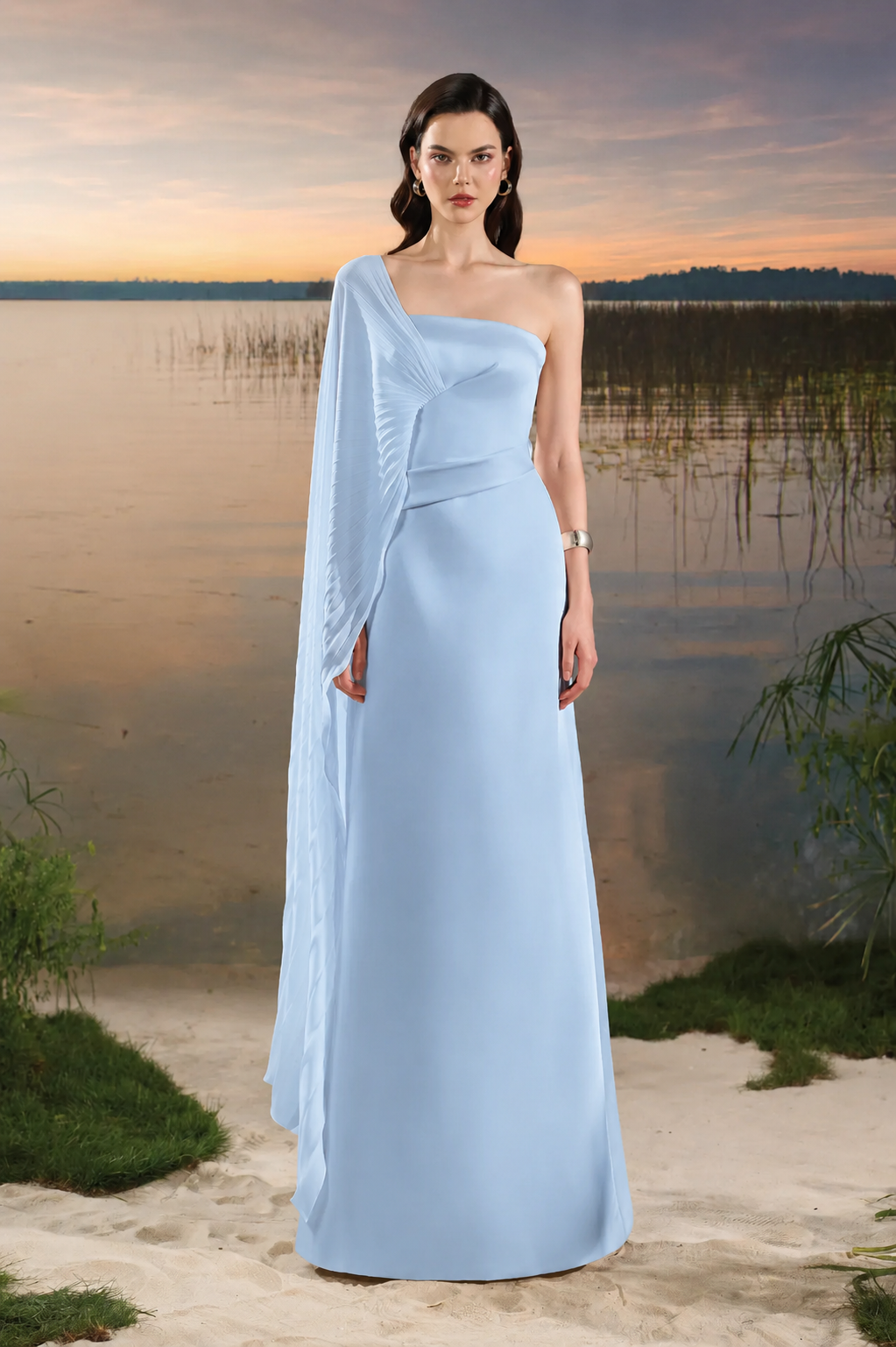 Asymmetric Pleated Cape Sleeve Dress - TRACY COUTURE