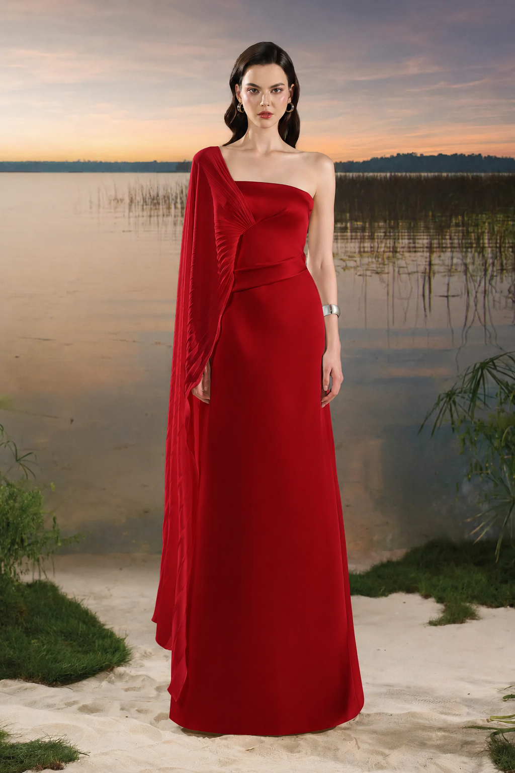 Asymmetric Pleated Cape Sleeve Dress - TRACY COUTURE
