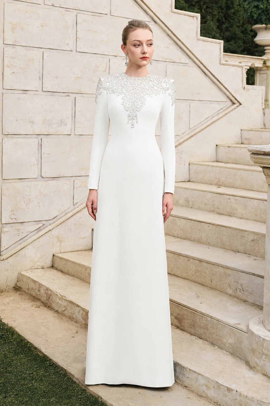 Crystal-Embellished Long Sleeve Dress - TRACY COUTURE