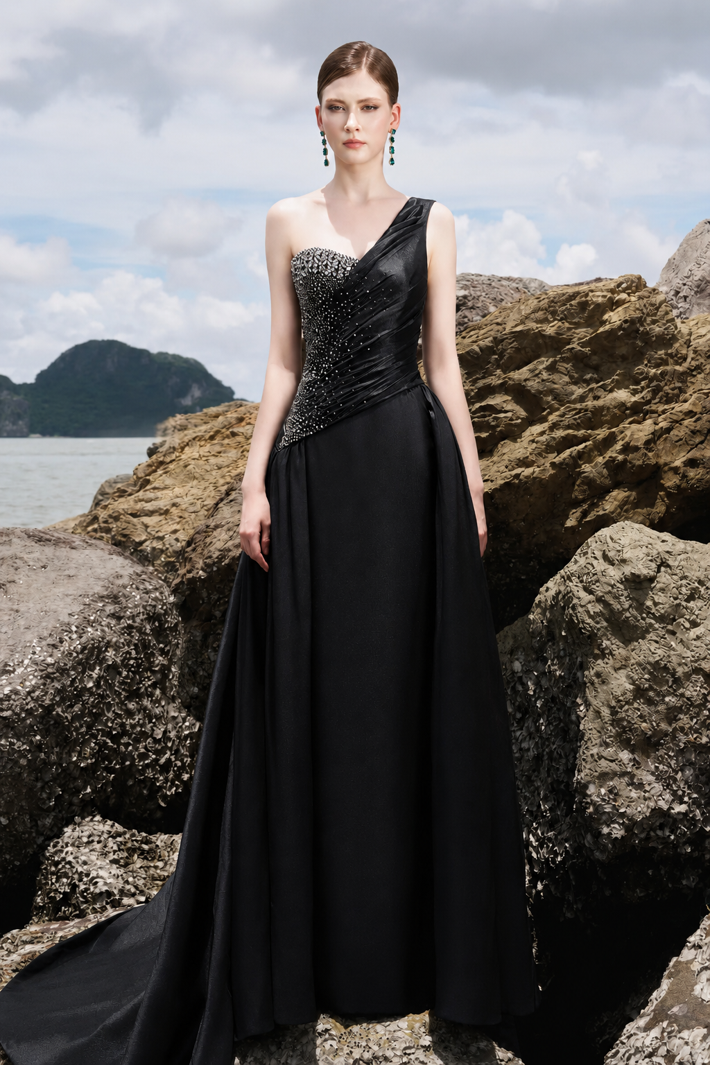 One Side Crystal Embellishment One Shoulder Dress - TRACY COUTURE