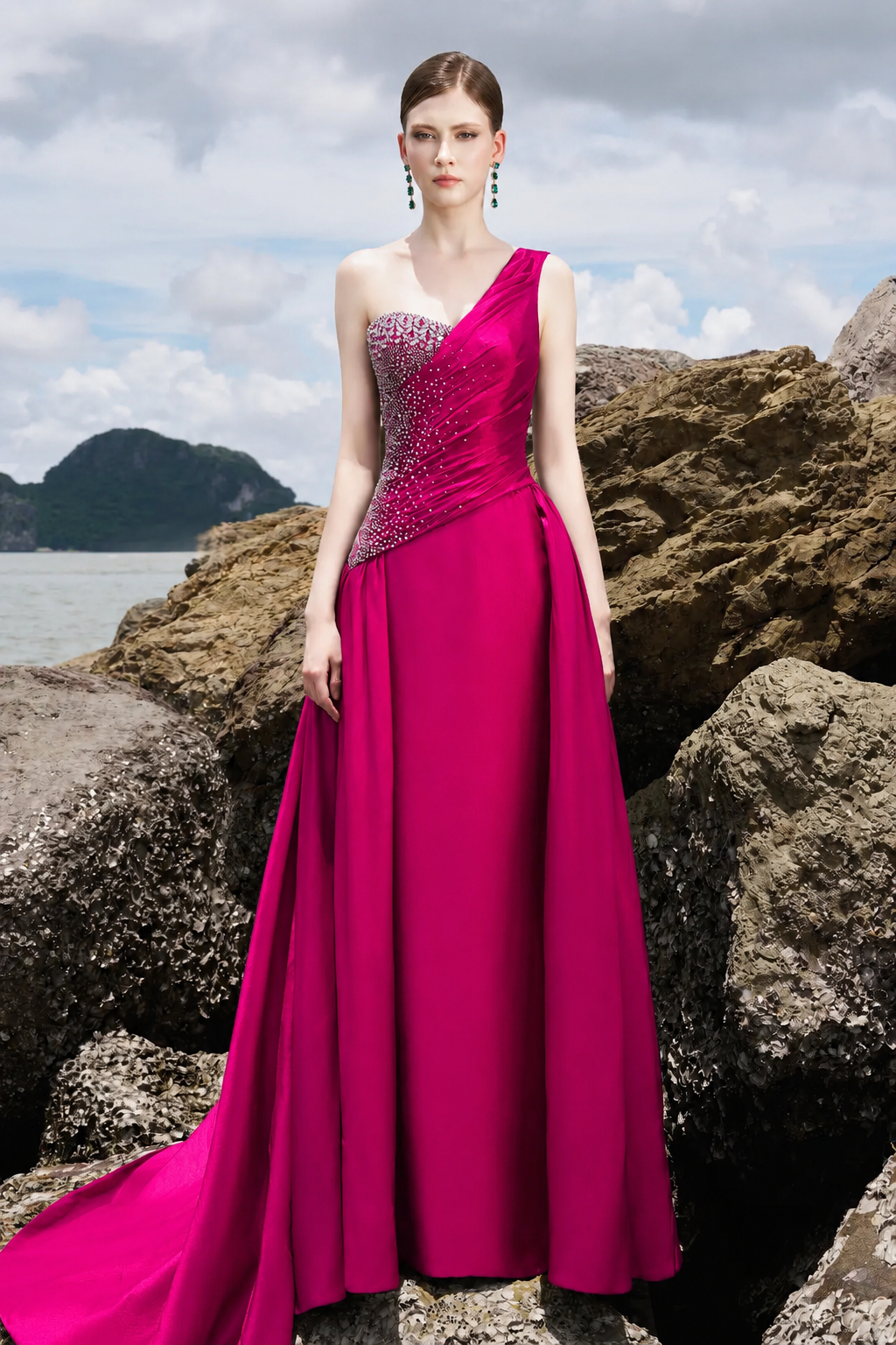 One Side Crystal Embellishment One Shoulder Dress - TRACY COUTURE