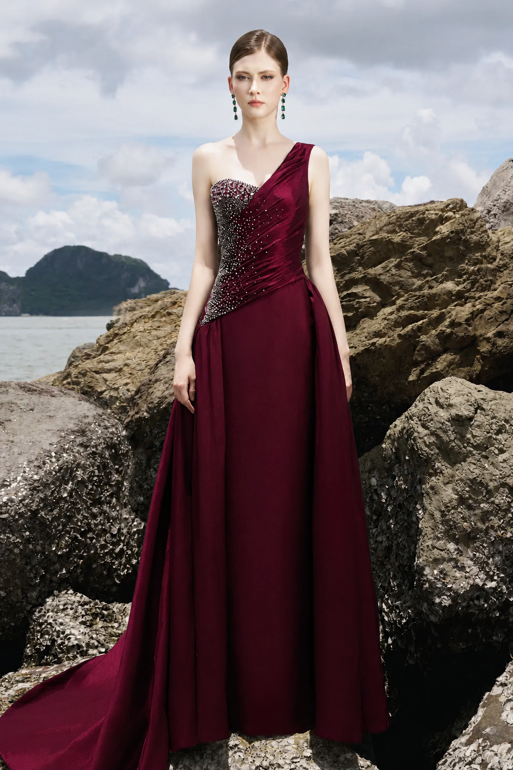 One Side Crystal Embellishment One Shoulder Dress - TRACY COUTURE