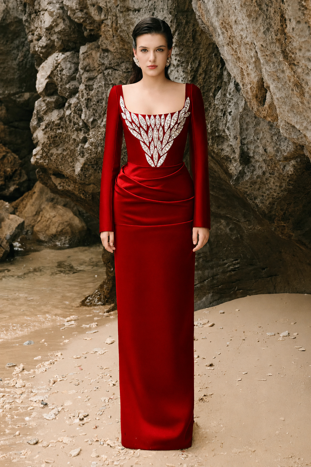 U-Neckline Curved Gathered Straight Dress - TRACY COUTURE