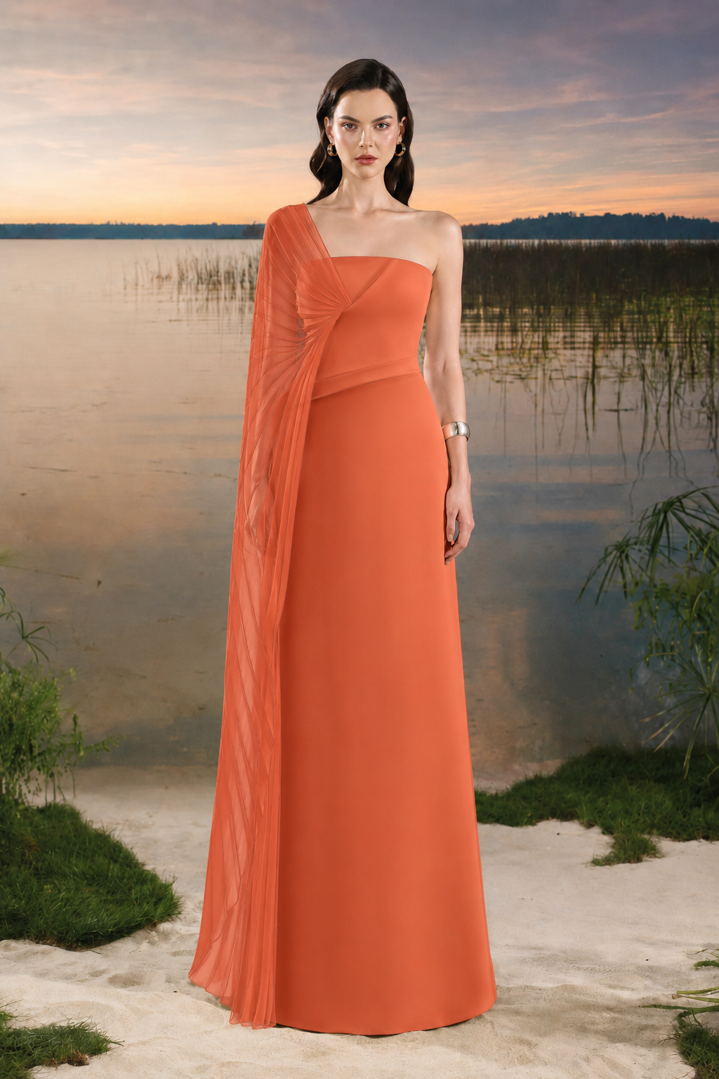 Asymmetric Pleated Cape Sleeve Dress - TRACY COUTURE