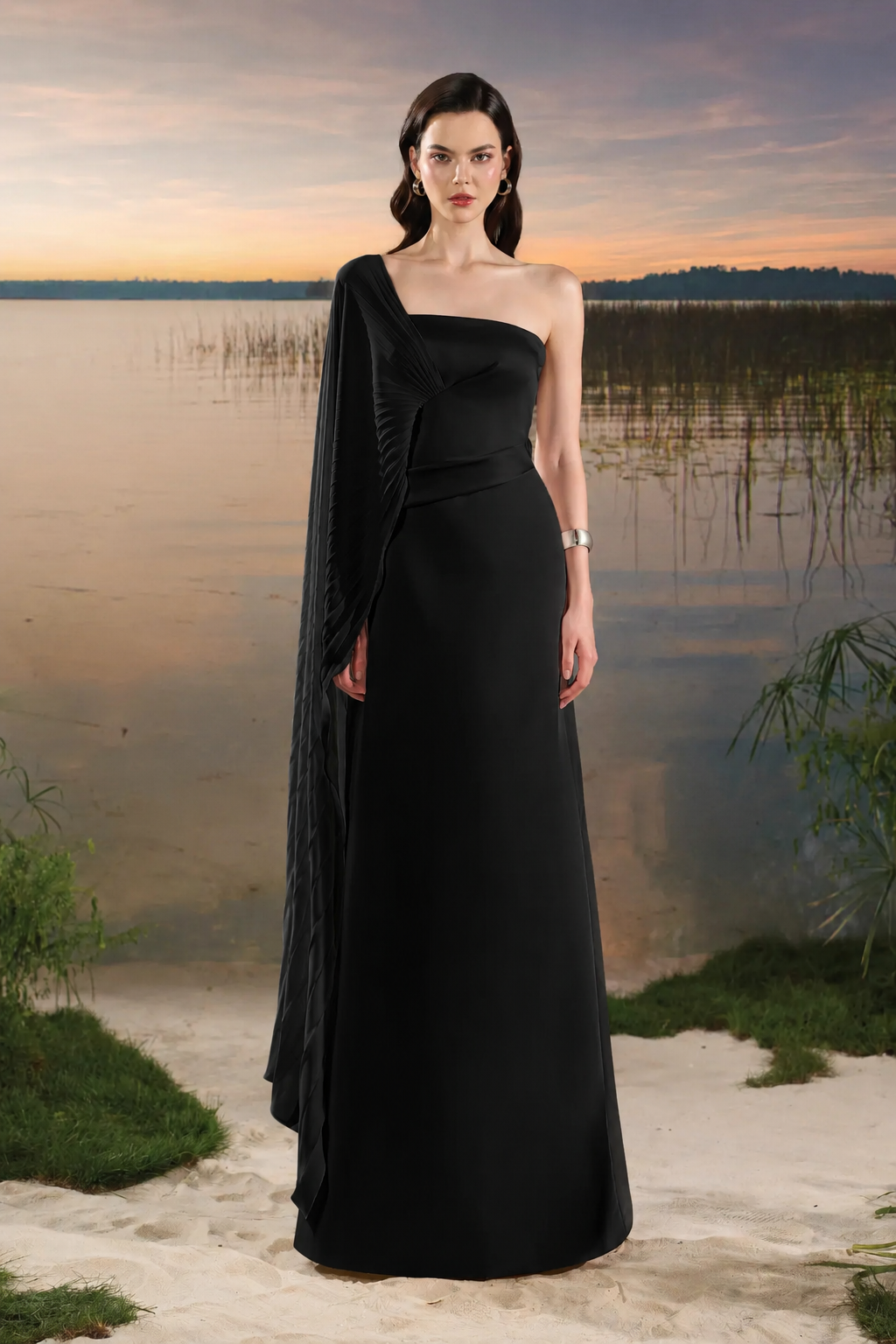Asymmetric Pleated Cape Sleeve Dress - TRACY COUTURE