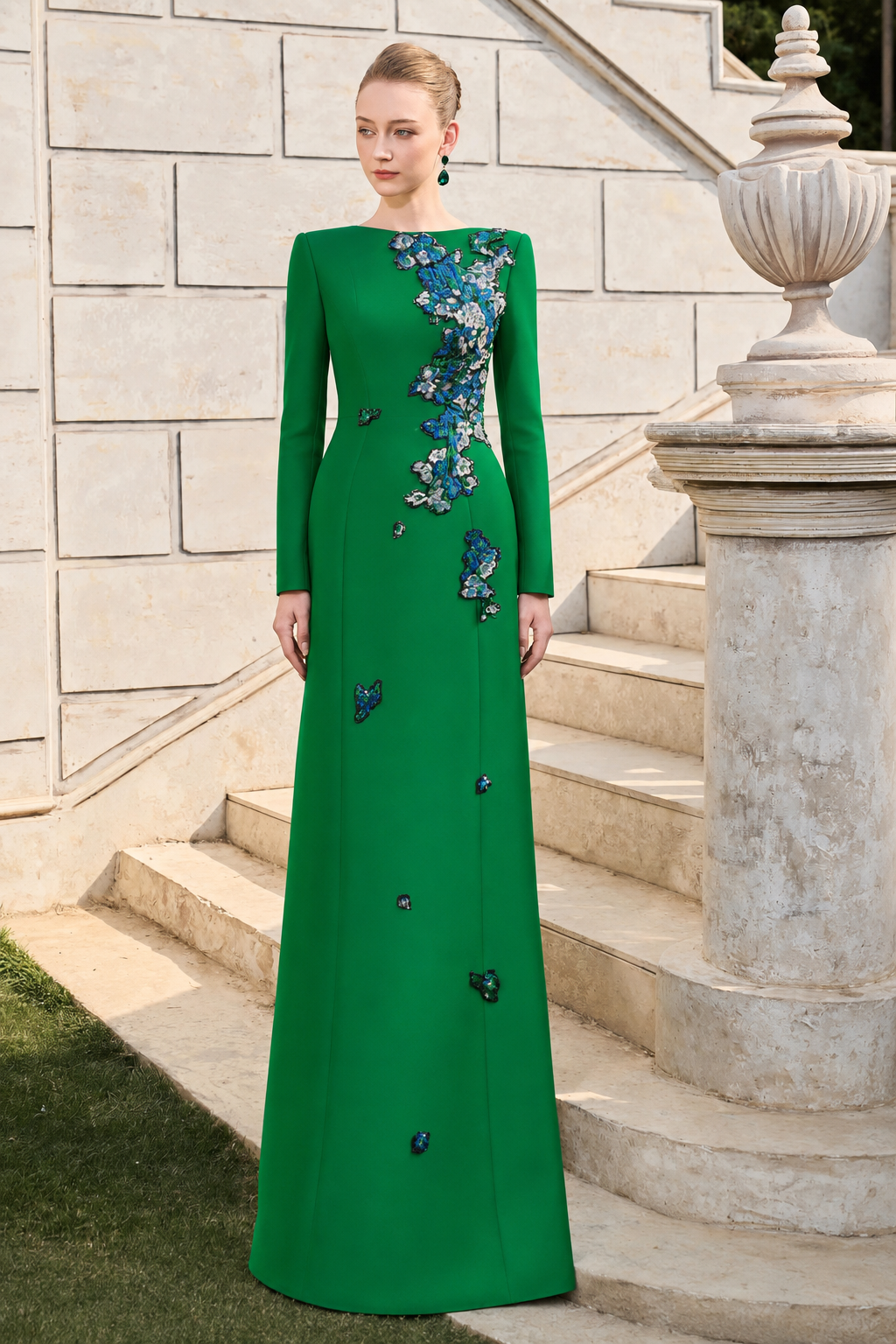 Boat Neck Floral Embroidered A-Line Dress XXL / Green