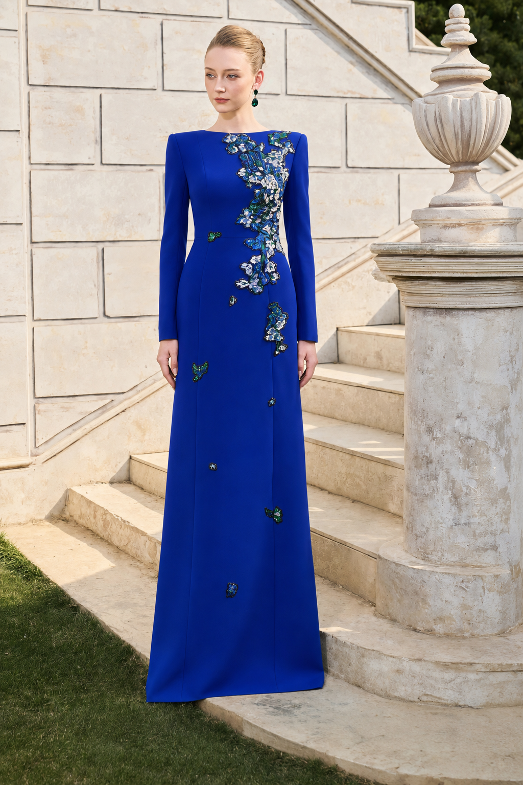 Boat Neck Floral Embroidered A-Line Dress - TRACY COUTURE