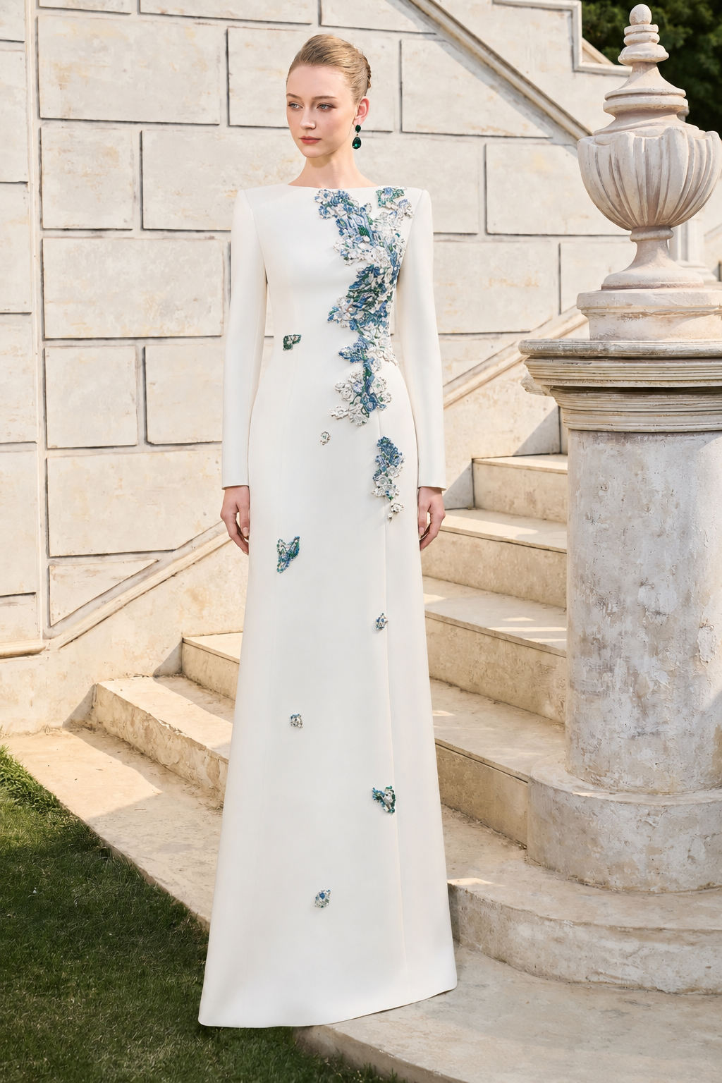Boat Neck Floral Embroidered A-Line Dress - TRACY COUTURE