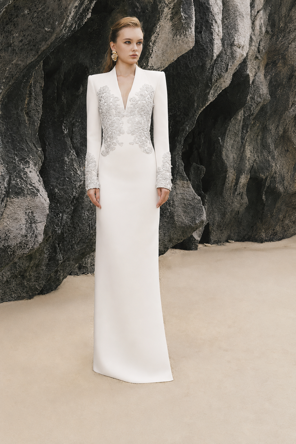 Symmetric 3D Pattern Embellished Straight Dress - TRACY COUTURE