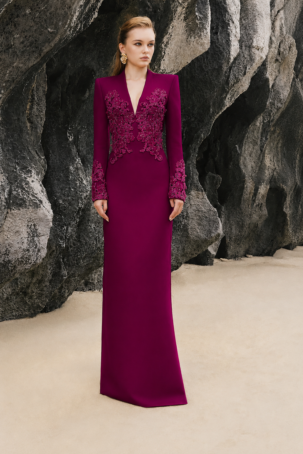 Symmetric 3D Pattern Embellished Straight Dress - TRACY COUTURE