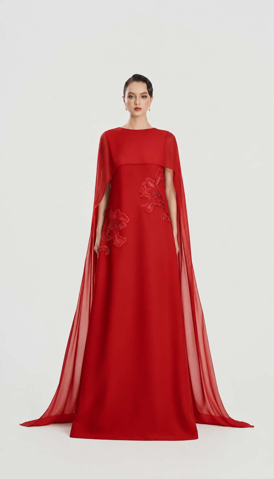 Floral Lasercut Long Cape Straight Dress - TRACY COUTURE
