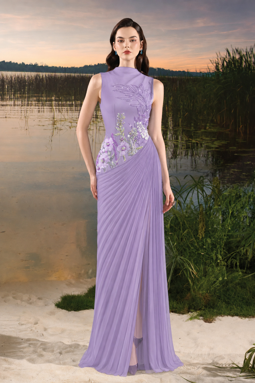 Floral Embellished Diagonal Pleated Dress - TRACY COUTURE