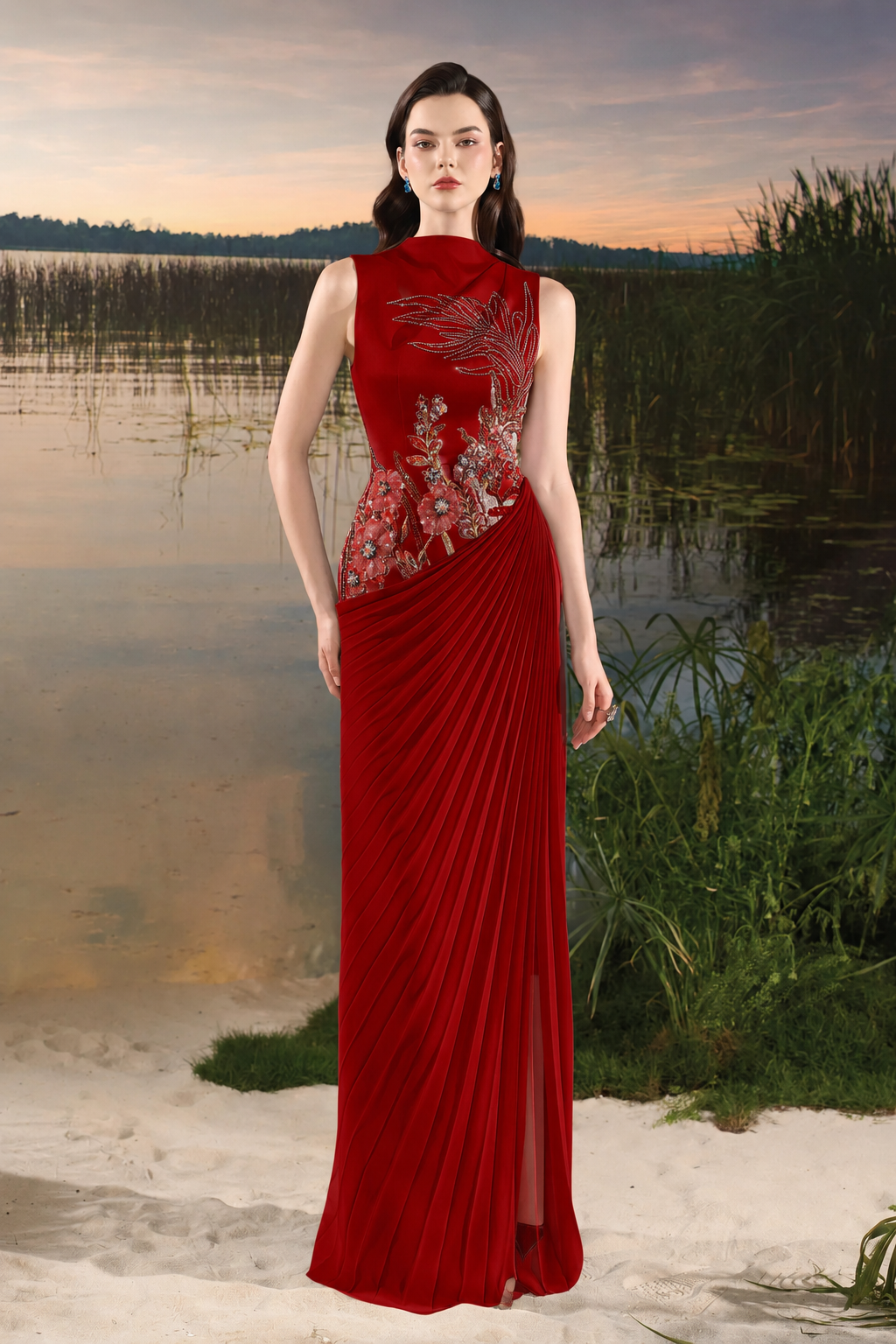 Floral Embellished Diagonal Pleated Dress - TRACY COUTURE